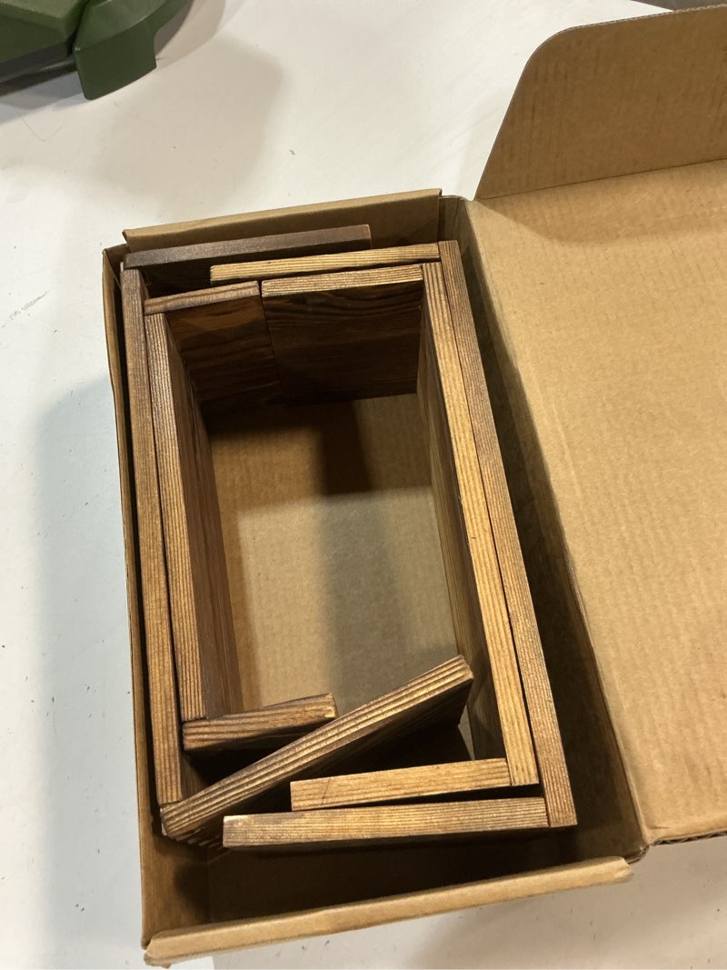 Condition photo showing Good Condition for 3-Tier Wood Display Riser 2 Set, Tiered Display Stand for Food, Kitchen, Desk & Party - Solid Pine Wooden Shelf & Organizer for Plants, Collectibles, Office (9.5/8.5/7.5 In) Carbonized