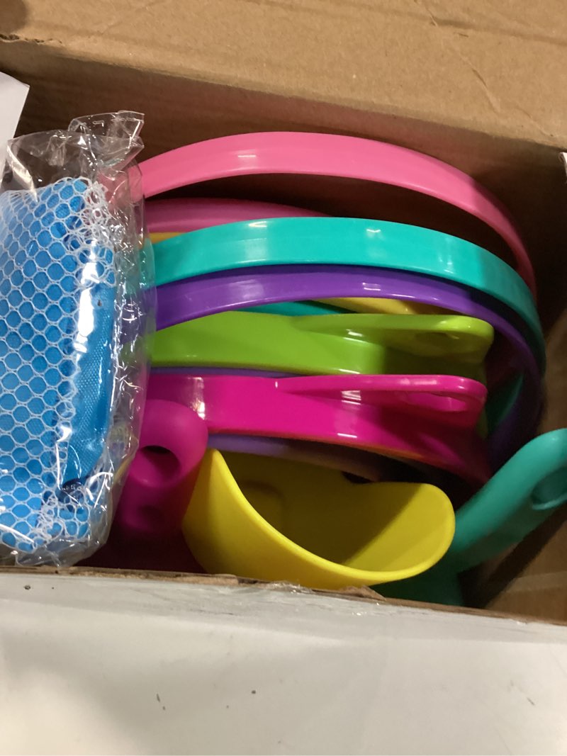 Condition photo showing New/Like New for joyin foldable beach bucket set - 3 packs collapsible toy buckets with shovels and mesh backpack for kids toddlers party, camping gear, travelling, fishing water pail (pink/purple/green)