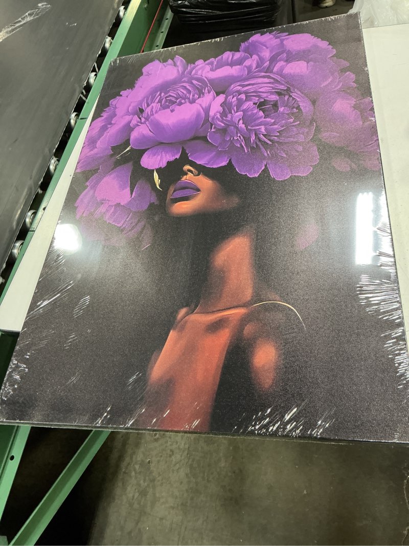 Condition photo showing New/Like New for doartdo african american wall art woman with flowers on head painting black and purple pictures black women portrait canvas prints bedroom home decor framed (purple, (24.00" x 36.00") purple 36"l x 24"w
