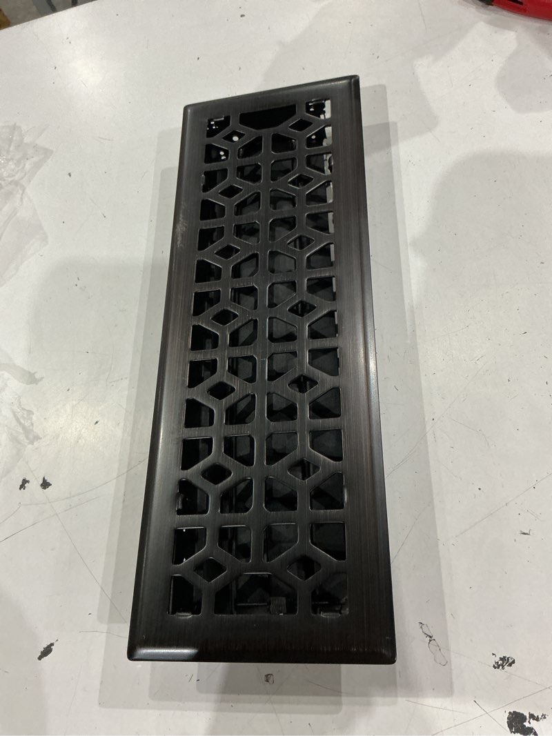 Condition photo showing As Is for allen + roth 4-in x 14-in maximum airflow steel oil-rubbed bronze marquis design floor register