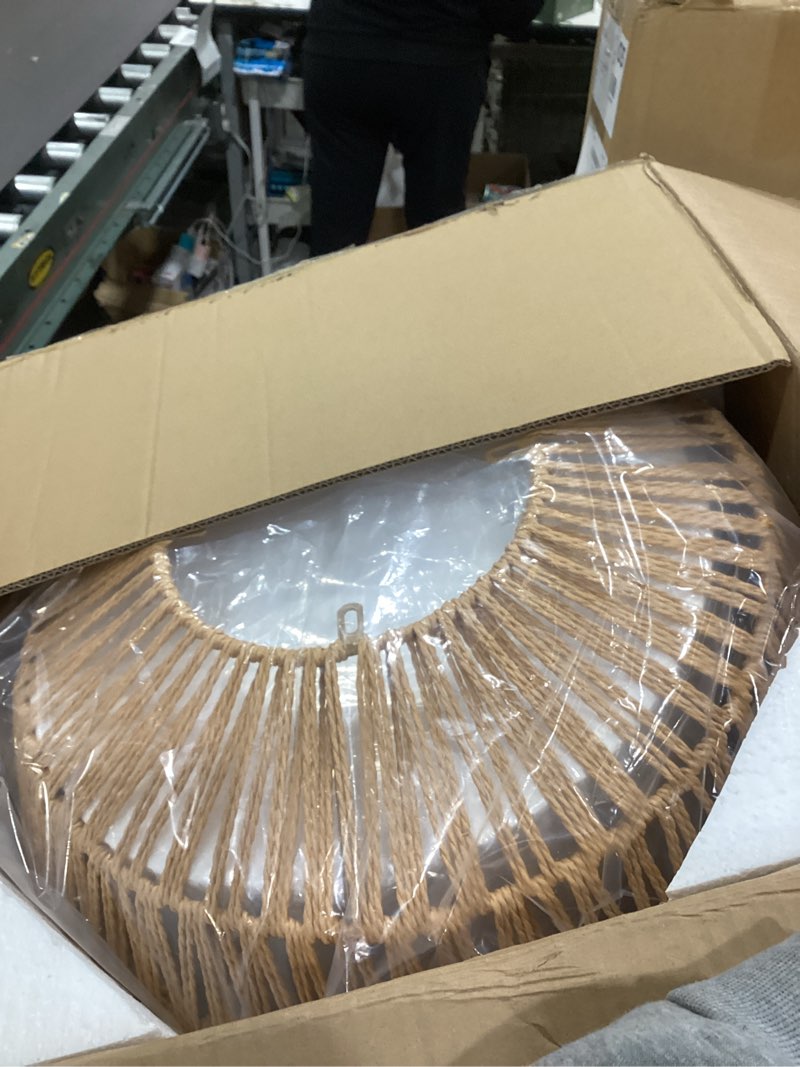 Condition photo showing New/Like New for 18“ large rattan light fixture, rattan chandeliers for dining room, 5-light boho fixture with twine making lampshade, adjustable height, chandelier for kitchen, bedroom(brown) brown 5-lights 18.1 in