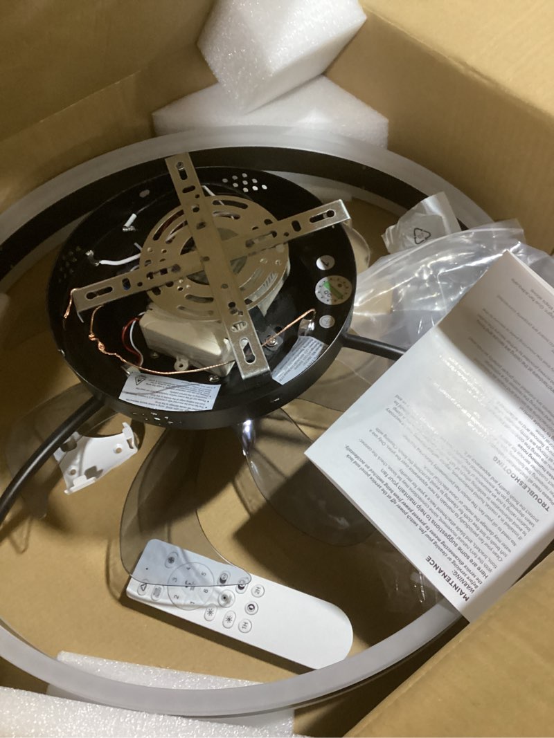 Condition photo showing As Is for sterren rgb ceiling fan with light, 20'' low profile ceiling fans, black flush mount led fan light with remote control, modern bladeless fandelier for bedroom, living room, kitchen rgb black 19.7 inch