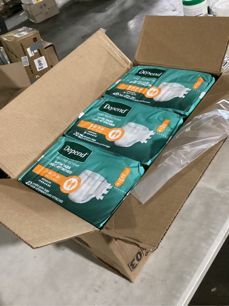 Condition photo showing Good Condition for depend adult diapers with tabs, incontinence protection with tabs, unisex, small/medium (19–34" waist, up to 170 lbs), maximum absorbency, 60 count (3 packs of 20)