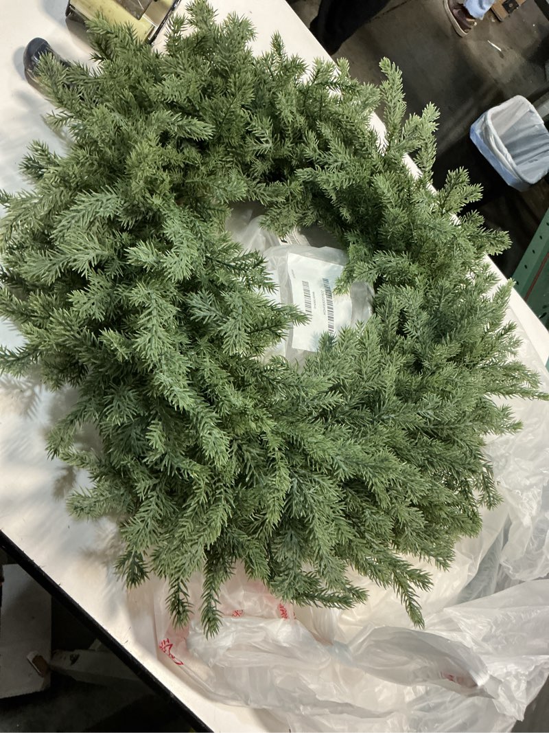 Condition photo showing Good Condition for Outdoor Christmas Wreath – 24 Inch Artificial Cedar Wreath with Full Norfolk Pine Green Tips, Lush Wreath for Front Door, Walls, Windows, Porch, Farmhouse, Indoor Outdoor Holiday Decor