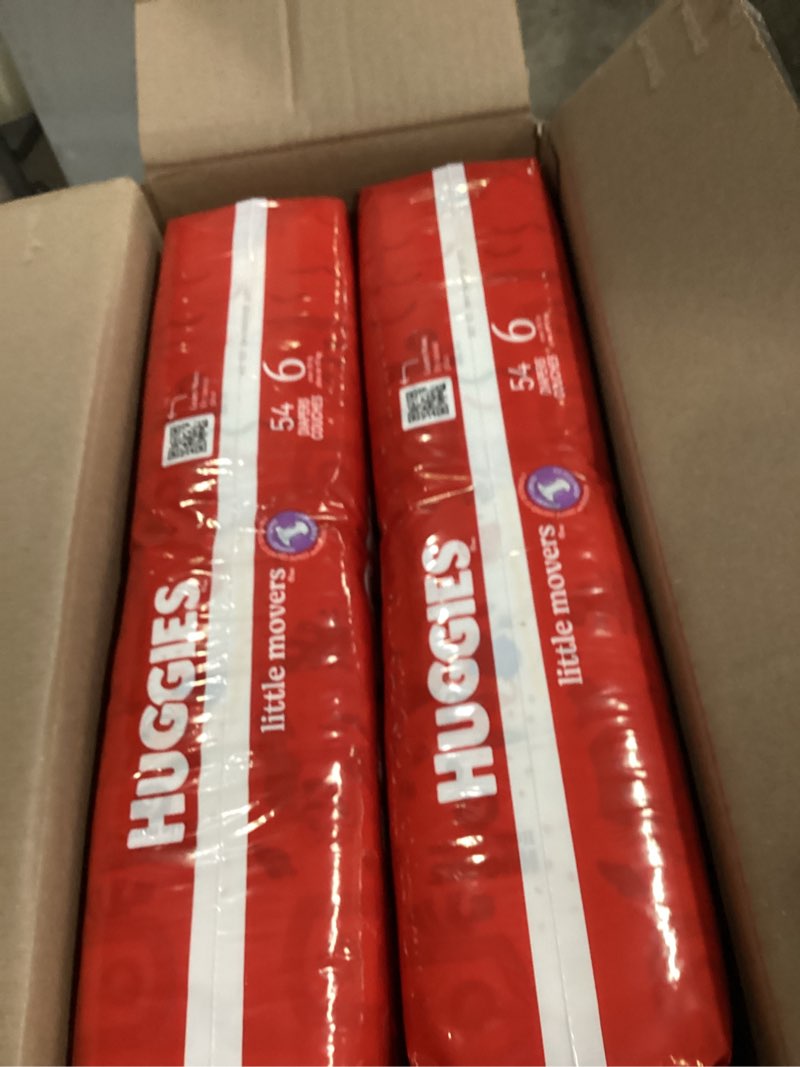 Condition photo showing New/Like New for huggies size 6 diapers, little movers baby diapers, size 6 (35+ lbs), 108 count (2 packs of 54), packaging may vary