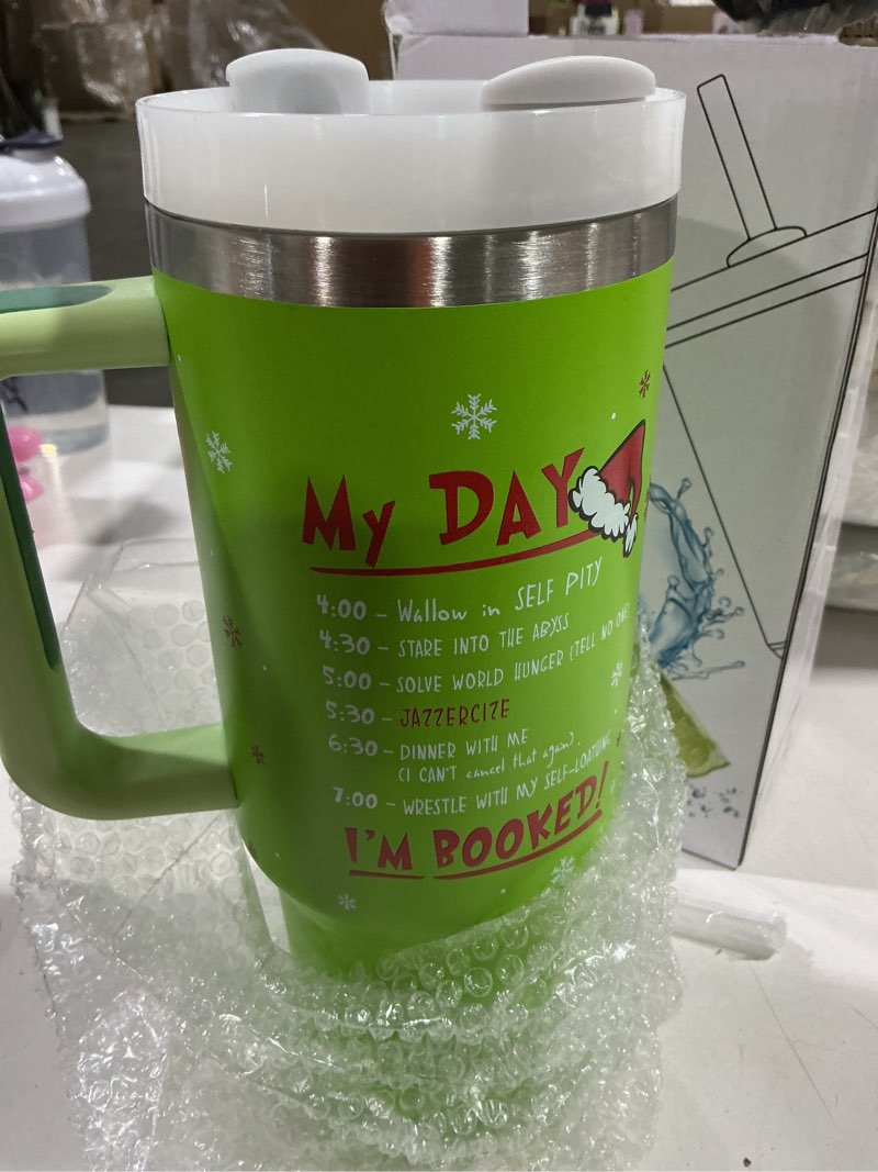 40oz stainless steel tumbler with handle and straw, funny christmas mug holiday gift (green2)