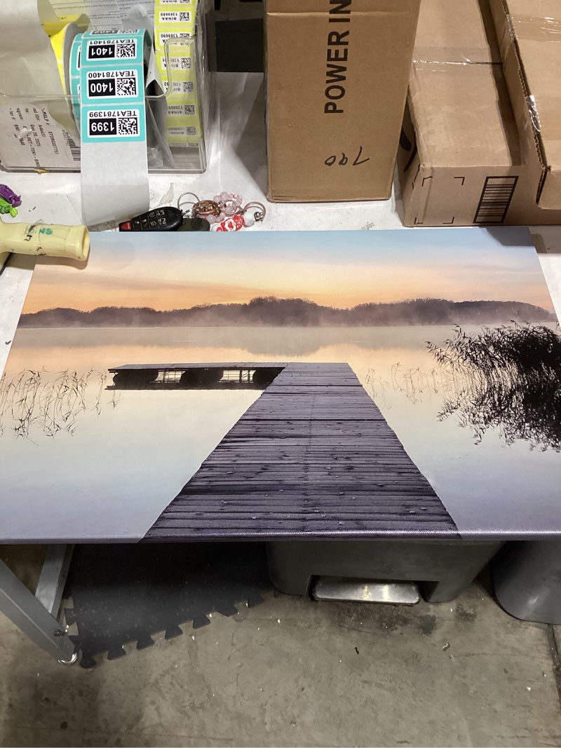 Condition photo showing Good Condition for Nature Landscape Canvas Wall Art: Framed Natural Lake Scene Picture Prints Bridge Dock Scenery Painting Artwork for Home Living Room Bedroom Office Wall Decor 24x16 inch Lake03 24"L x 16"W