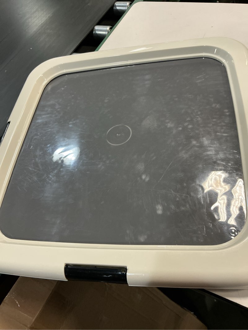 Condition photo showing As Is for iris usa pee pad holder - for regular sized dog and puppy pee pads, secured latches, non-skid feet, high polish finish for easy cleaning, leak protection, fits 22"x22" pad or larger, square, dark gray 22" x 22" dark gray