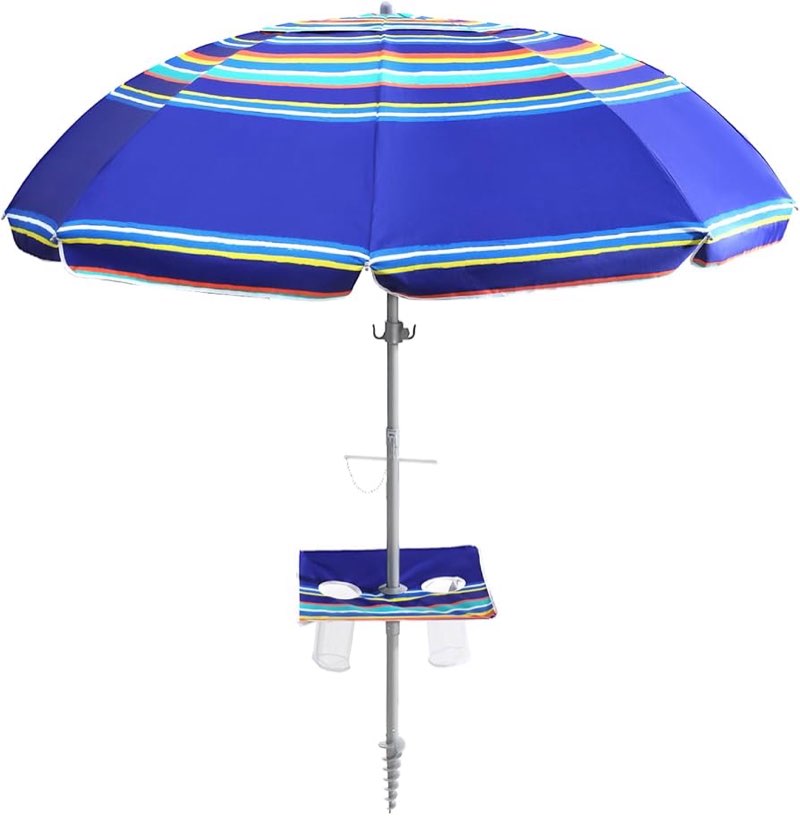 7ft Beach Umbrella featuring a built-in table with Sand Anchor & Tilt, UPF 50+ Protection Beach Umbr