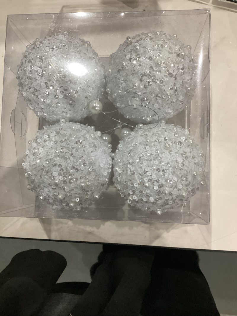 Condition photo showing New/Like New for 4.25" Christmas Ball Ornaments 4pc Set White Shatterproof Christmas Decorations Tree Balls for Xmas Trees Wedding Party Holiday Decorations Tabletop Small Trees Decoration (White)