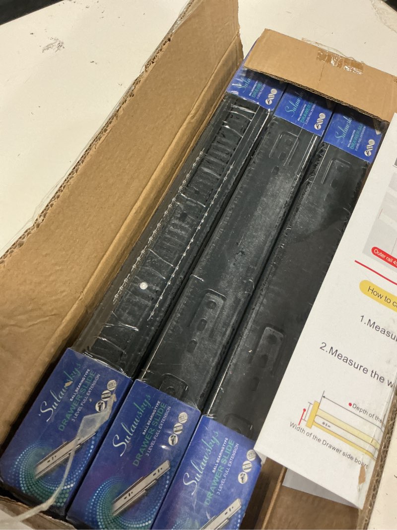 Condition photo showing Good Condition for sulawskys 16 inch drawer slides, 6 pairs (12 pcs) full extension ball bearing rails, side mount heavy duty 100 lb capacity metal runners for kitchen cabinet, wardrobe dresser, zinc plated steel black