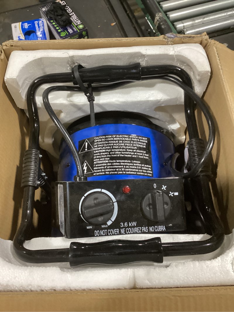 Condition photo showing As Is for Comfort Zone CZ273 3,600-Watt/240-Volt Hard-Wired Portable Industrial Heater, NEMA 6-20R Receptacle, Steel body with Adjustable Tilt Angle, Adjustable Thermostat, & Overheat Protection,Blue
