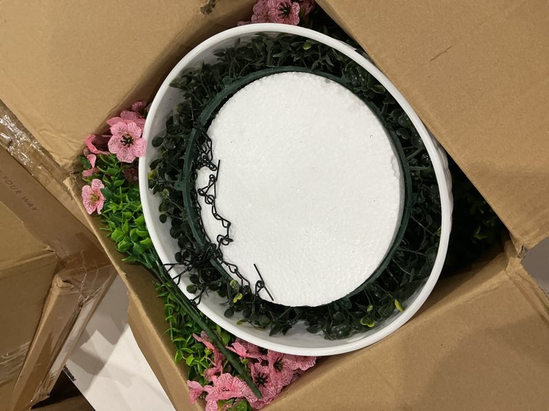 Condition photo showing Good Condition for hyeflora artificial fake hanging plants flowers basket for outdoor outside summer decor, faux silk pink daisy realistic uv resistant for porch patio balcony home yard