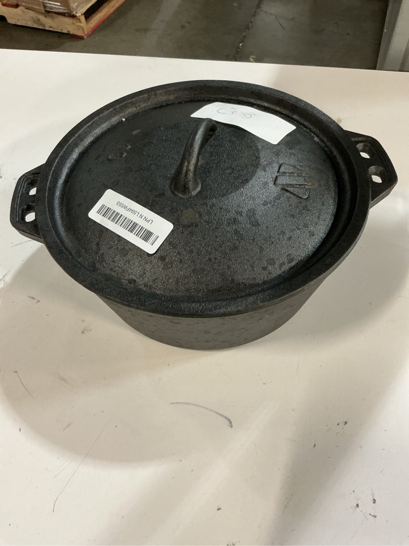 Condition photo showing As Is for 3 QT Cast Iron Dutch Oven with Lid – Pre-Seasoned Round Pot for Baking Bread, Stews & Camping – Small Dutch Oven for Oven, Stove, and Campfire Cooking 3QT