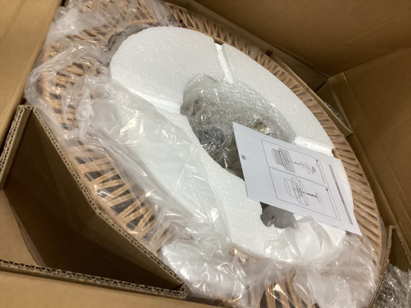 Condition photo showing Good Condition for 23.6" Boho Rattan Chandelier, 6-Light Large Rattan Pendant Light with 2-Tier Wicker Shade, Bohemian Farmhouse Ceiling Light Fixture Chandelier for Dining Room, Living Room, Bedroom, Kitchen Island 23.6" V-shaped weaving