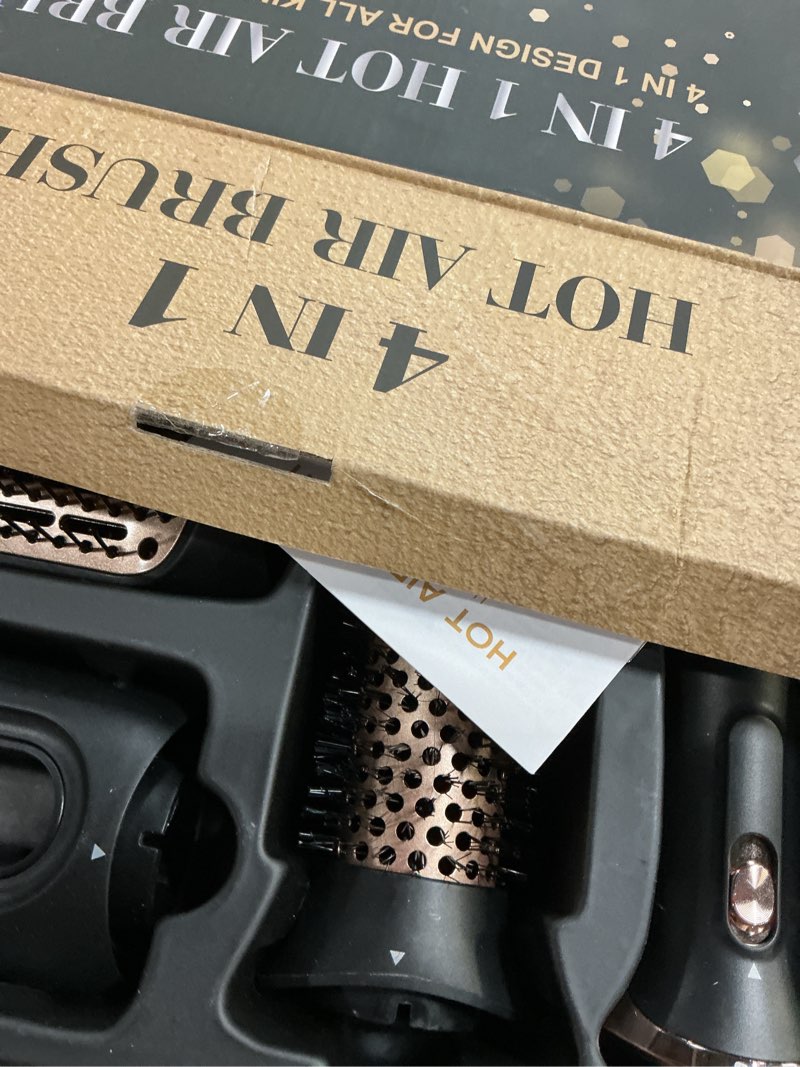 Condition photo showing Good Condition for hair dryer brush set, multifunctional hot air brush for salon blowouts, negative ion technology & quick drying, shiny and less frizz, rose gold