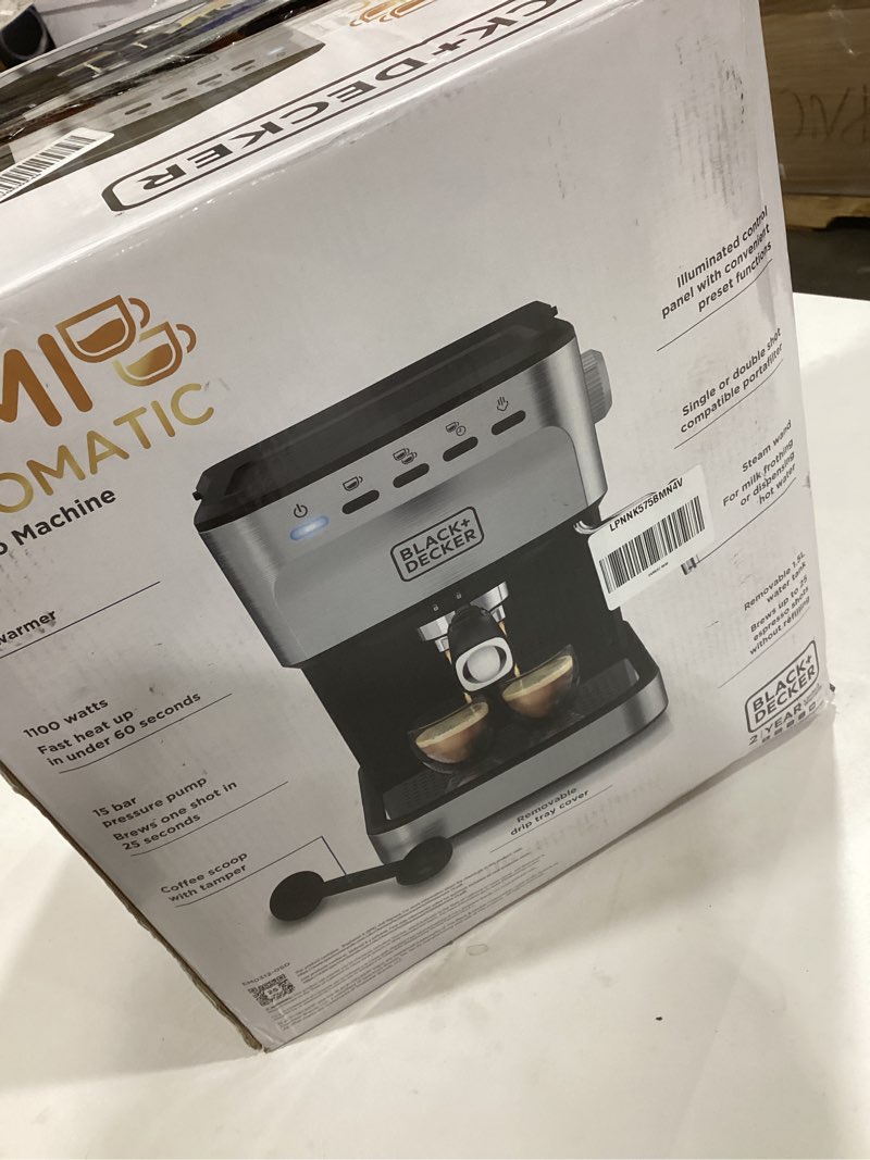 Condition photo showing As Is for Black+Decker Semi-Automatic 15 Bar Espresso and Cappuccino Maker, Versatile Machine with Ability to use Grounds or ESE Pods to Make Your Perfect Cup of Coffee