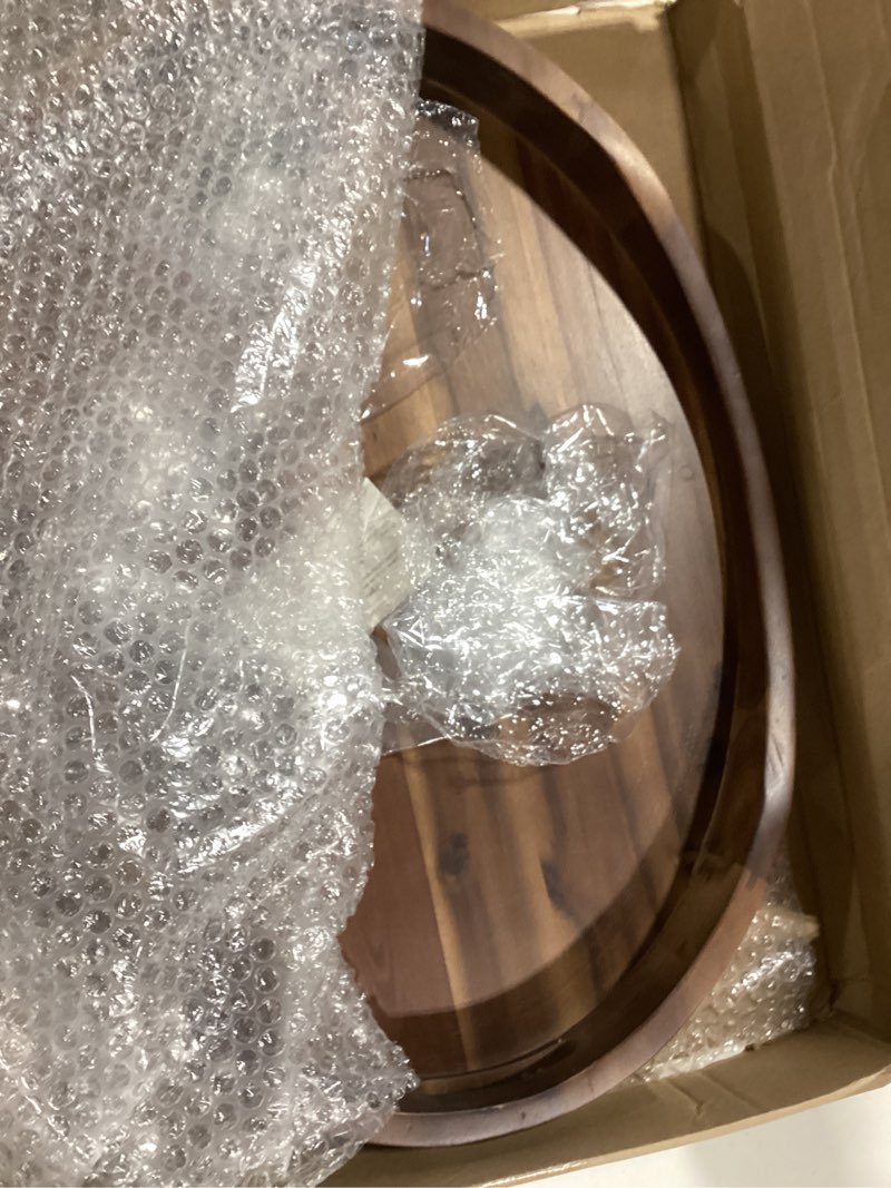 Condition photo showing Good Condition for Upper Acacia Wood Ottoman Tray 17x13 Inches with Handles, Decorative Serving Tray for Coffee Table, Breakfast Tray with Anti-Skid Pads Golden Handle 1