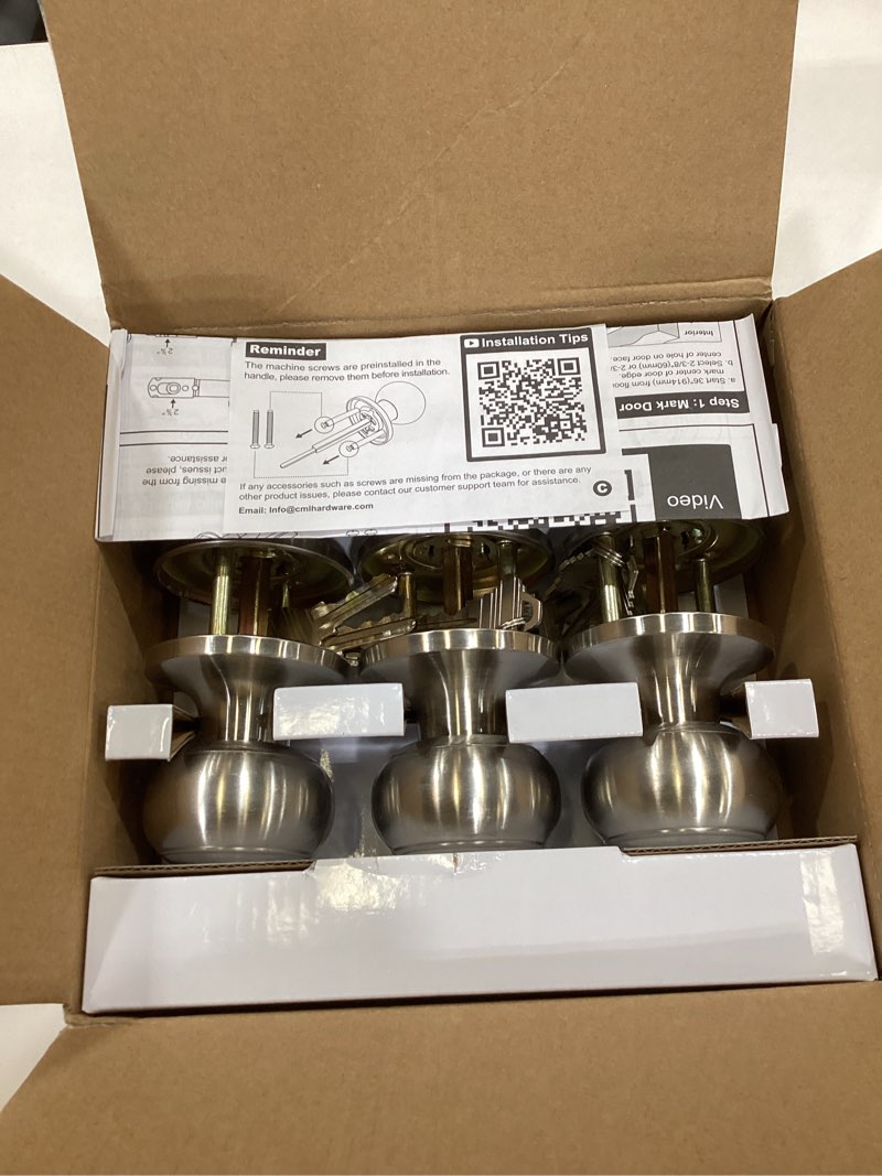 Condition photo showing Good Condition for CML Hardware (3 Pack) Keyed Alike Entry Door Knob, Exterior Door Lock with Same Keys in Solid Stainless Steel for Entrance and Front Door, Round Ball Handle 3 Stain Stainless