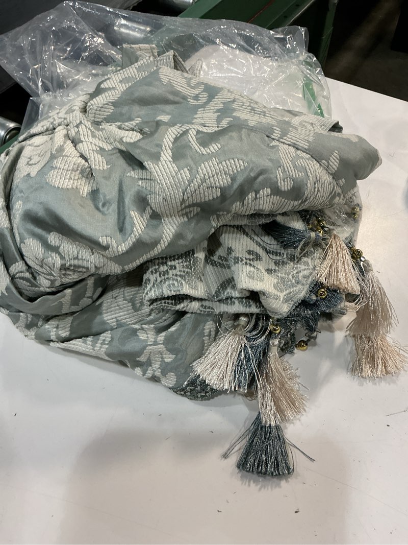 Condition photo showing Good Condition for loom and mill luxury waterfall valances for living room, elegant jacquard thick swag curtains valance with tassels for bedroom windows party banquet holiday decorations (lake-green, w39 inch, 1 panel) 39"w x 45"l (pack of 1) lake-green