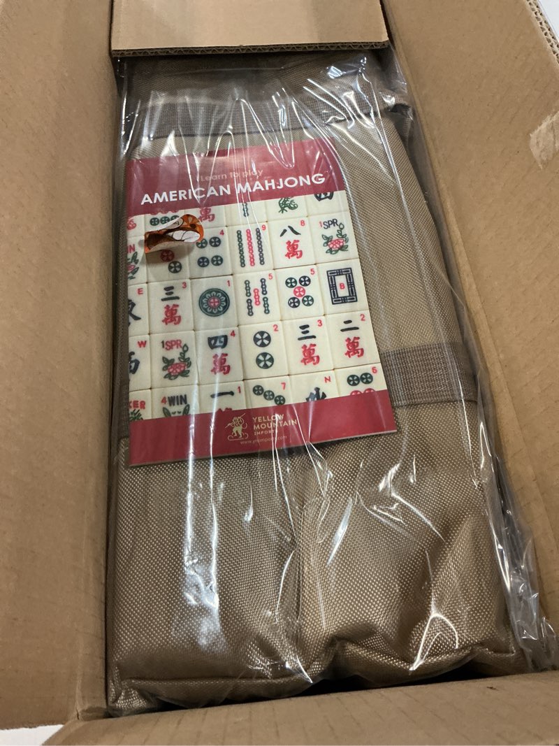 Condition photo showing New/Like New for yellow mountain imports american mahjong set, mojave (ivory) with brown soft case, all-in-one racks with pushers, wright patterson scoring coins, dice, & wind indicator