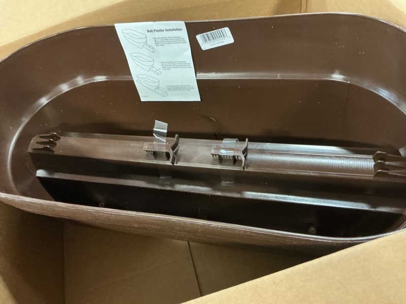 Condition photo showing Good Condition for emsco group bloomers railing planter with drainage holes – 24" weatherproof resin planter – brown, plastic brown 24.3 × 10.5 × 9.5 inches