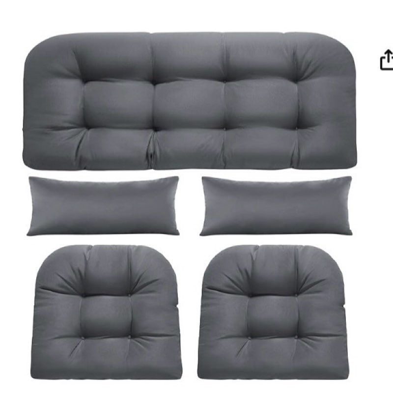 Wicker Chair Cushions of 5 Pieces, Waterproof Outdoor Loveseat Cushion for Wicker Furniture, 1 Love Seat Cushion, 2 U-Shape and 2 Lumbar Pillows for Patio Furniture (Grey)
