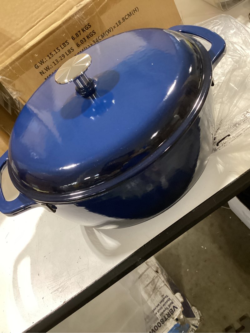 Condition photo showing New/Like New for amazon basics enameled cast iron dutch oven pot with lid, round, dual handles, heavy-duty, oven safe for stews, roasting, baking, 6-quart, navy navy 6-quart