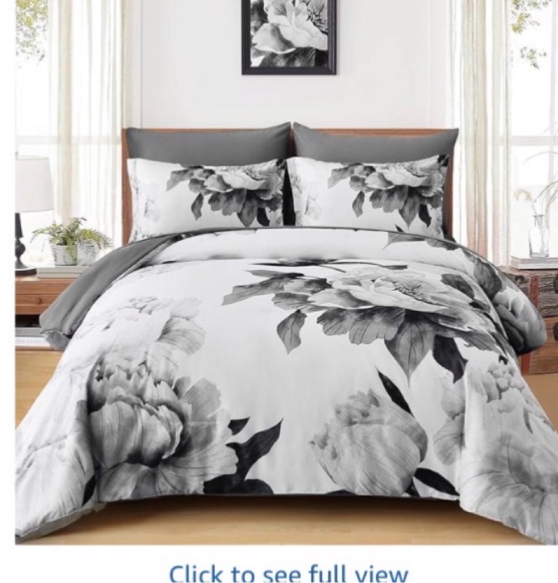 dobuyly grey queen comforter set 7 piece bed in a bag, gray floral printed on white comforter set wi