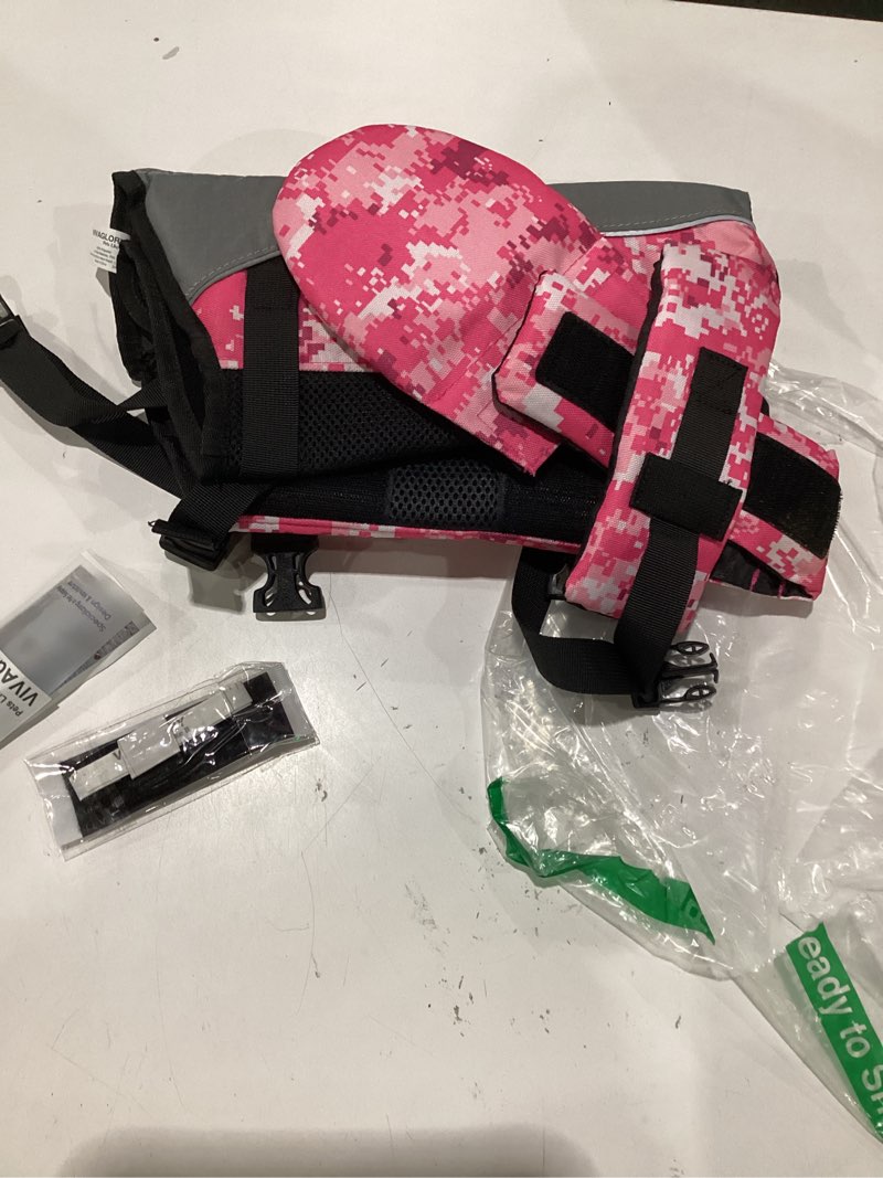 Condition photo showing As Is for vivaglory ripstop dog life vest, reflective & adjustable life jacket for dogs with rescue handle for swimming & boating, camo pink, m