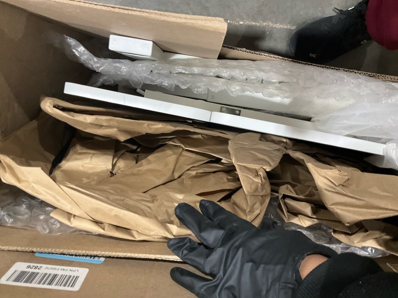 Condition photo showing As Is for Sweetcrispy Small Standing Desk Rolling Table Adjustable Height, Laptop Mobile Stand with Wheels, Portable Computer Workstation with Tiltable Desktop for Teacher Classroom Home Office, White White 15.7" x 27.6" x 43.3"