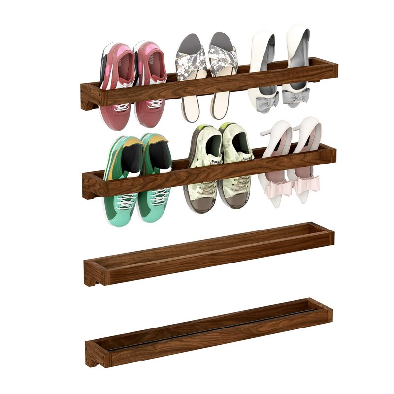Set of 4 Rustic Burnt Wood Hanging Shoes Racks, 30 Inches Wall Mounted Shoes Storage Organizer Space Saving Footwear Holder for Closet, Mudroom, Entryway Narrow Spaces Shoes Organize