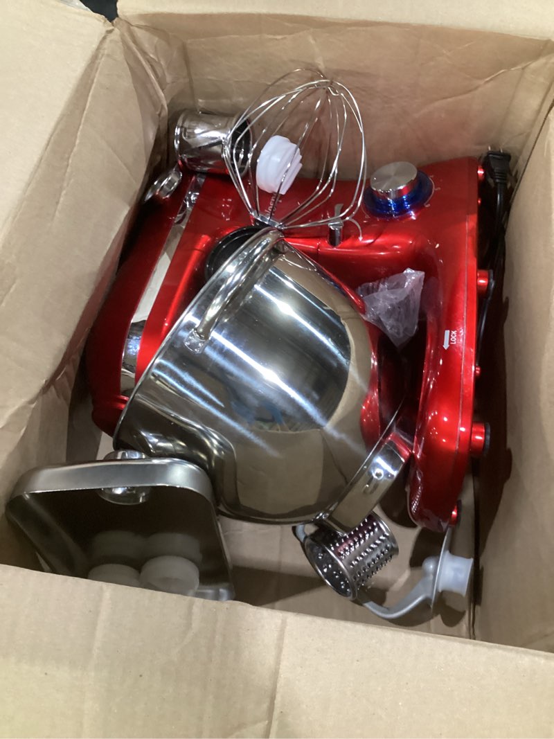 Condition photo showing Good Condition for (used, not tested)vospeed 9 in 1 stand mixer, 850w tilt-head multifunctional electric mixer with 8 qt stainless steel bowl, 1.5l glass jar, meat grinder, hook, whisk, beater dishwasher safe (red)