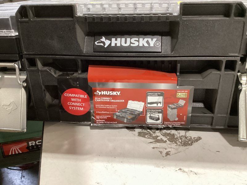 Condition photo showing As Is for husky 22 in. 22-compartment connect cantilever organizer for small parts organizer