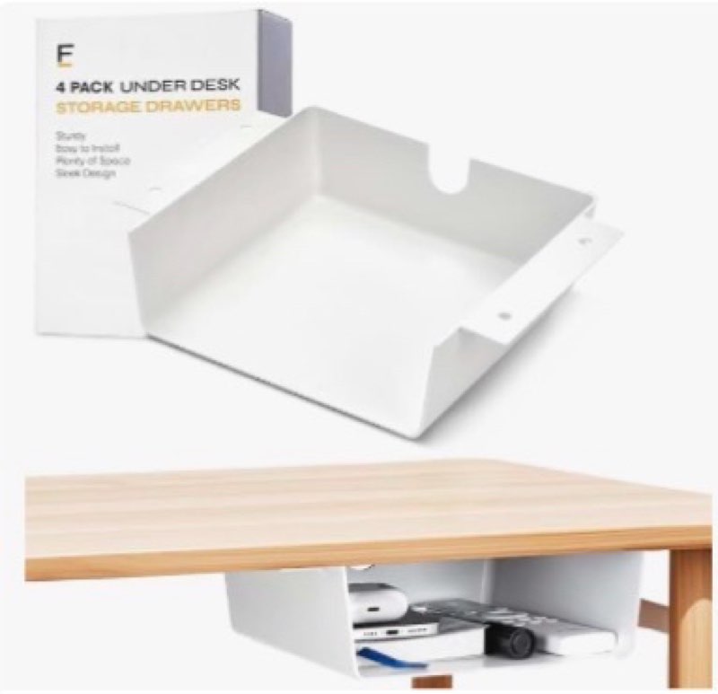 OrgaFocus 4 Pack Under Desk Hanging Shelf Drawer Organizer, Attachable Plastic Hidden Storage Tray, 