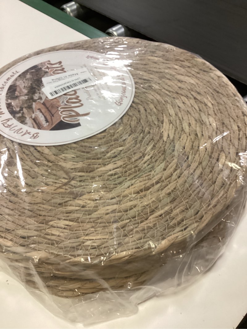 Condition photo showing New/Like New for 13 in round woven boho placemats set of 8, wicker rattan place mats chargers for dinner plates, farmhouse rustic table mats for dining table decor natural color 13 inch set of 8