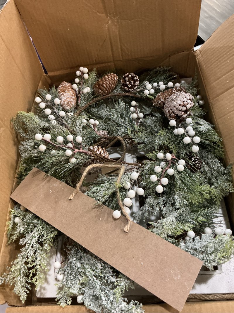 Condition photo showing Good Condition for Egolot Set of 2 Christmas White Arched Frame Wreath for Door Window Wall, Merry Christmas Wood Sign Wreath for Indoor Outdoor Decoration, Rustic Wood Window Frame for Winter Red