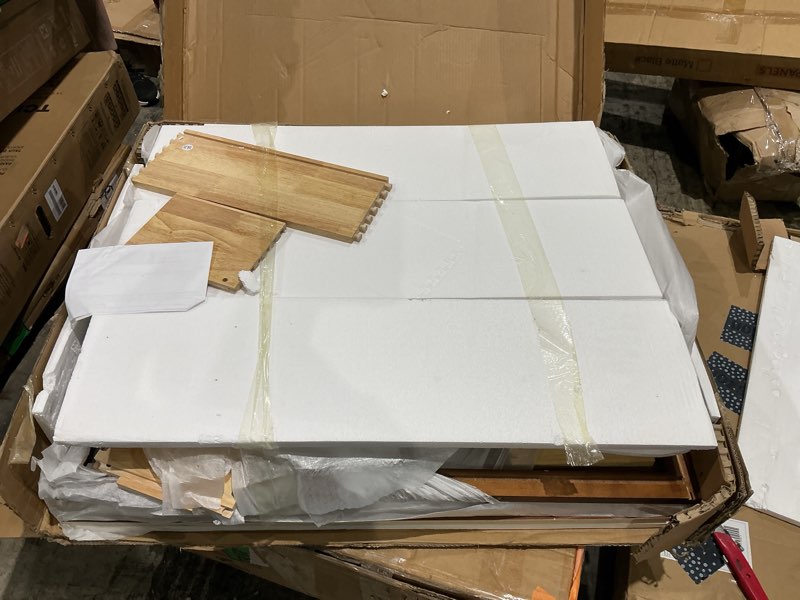 Condition photo showing As Is for 36" shaker bathroom vanity sink base with drawers, vanity base only-no top included (ready-to-assemble) (maple walnut vanity base)