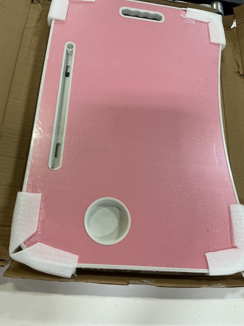 Condition photo showing New/Like New for folding lap desk, 23.6 inch wood laptop bed desk with cup holder, portable bed table for working writing reading & eating for bed, sofa, couch, floor - pink