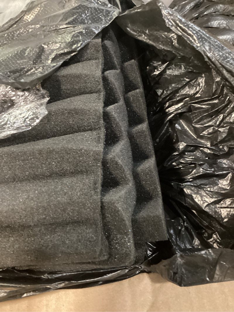 Condition photo showing As Is for 56 pack acoustic foam panels, 1" x 12"x 12" sound proof foam panels for wall fire resistant, noise cancelling dampening sound absorbing black wedge panels for studio recording & office & home sjc-1 in-56p black
