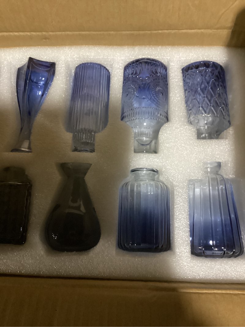 Condition photo showing New/Like New for Glass Bud Vase Set of 20 - Small Vases for Flowers in Bulk - Assorted Vintage Crystal Vases for Flowers, Table Centerpieces (Blue, 20 Pcs) 20 Pcs Blue