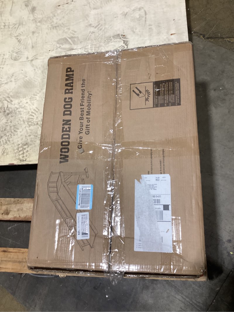 Condition photo showing Good Condition for dog ramp for bed or couch, wooden pet ramp with 20° gentle slope, removable side rails, non-slip surface, top platform & wheels, safe bed ramp for small, large & senior dogs, 74" long, white white l-73.2"l x 16"w x 25"h