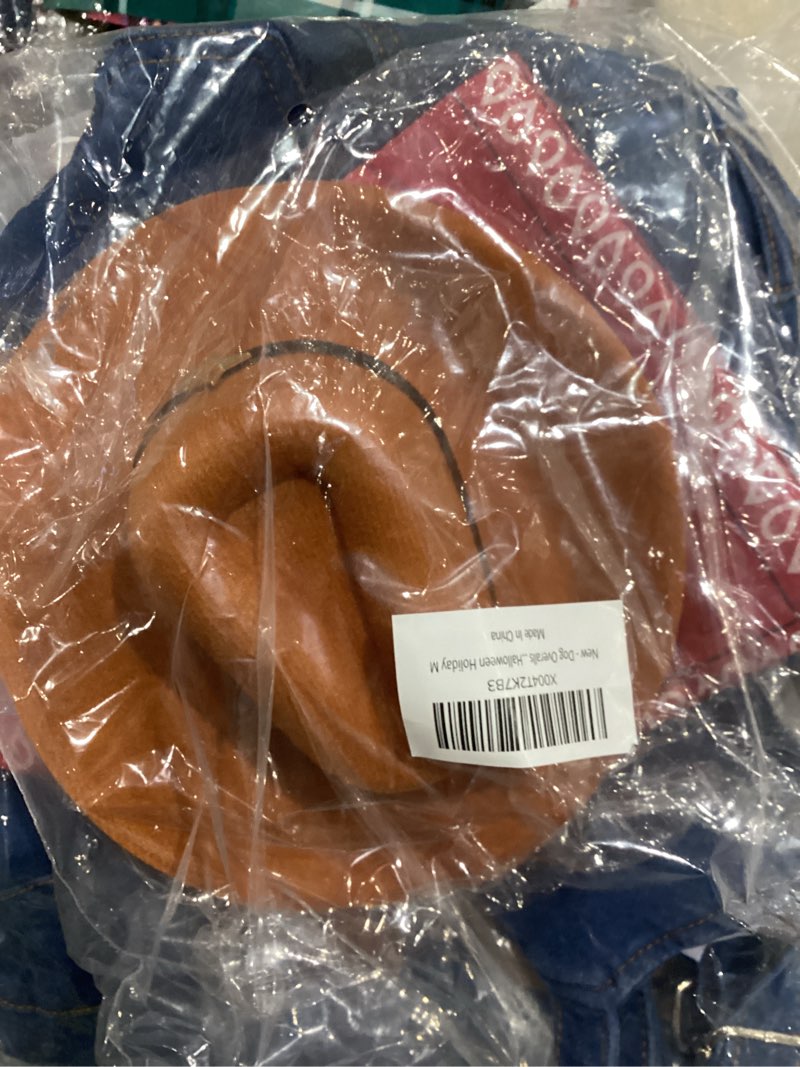 Condition photo showing Good Condition for Dog Overalls with Cowboy Hat & Bandana Scarf - Overalls for Dogs Denim Puppy Costume, Adjustable Dog Jeans Outfit for Small Dogs and Cats - Cowboy Costume M Around 10 lb Dogs and Cats