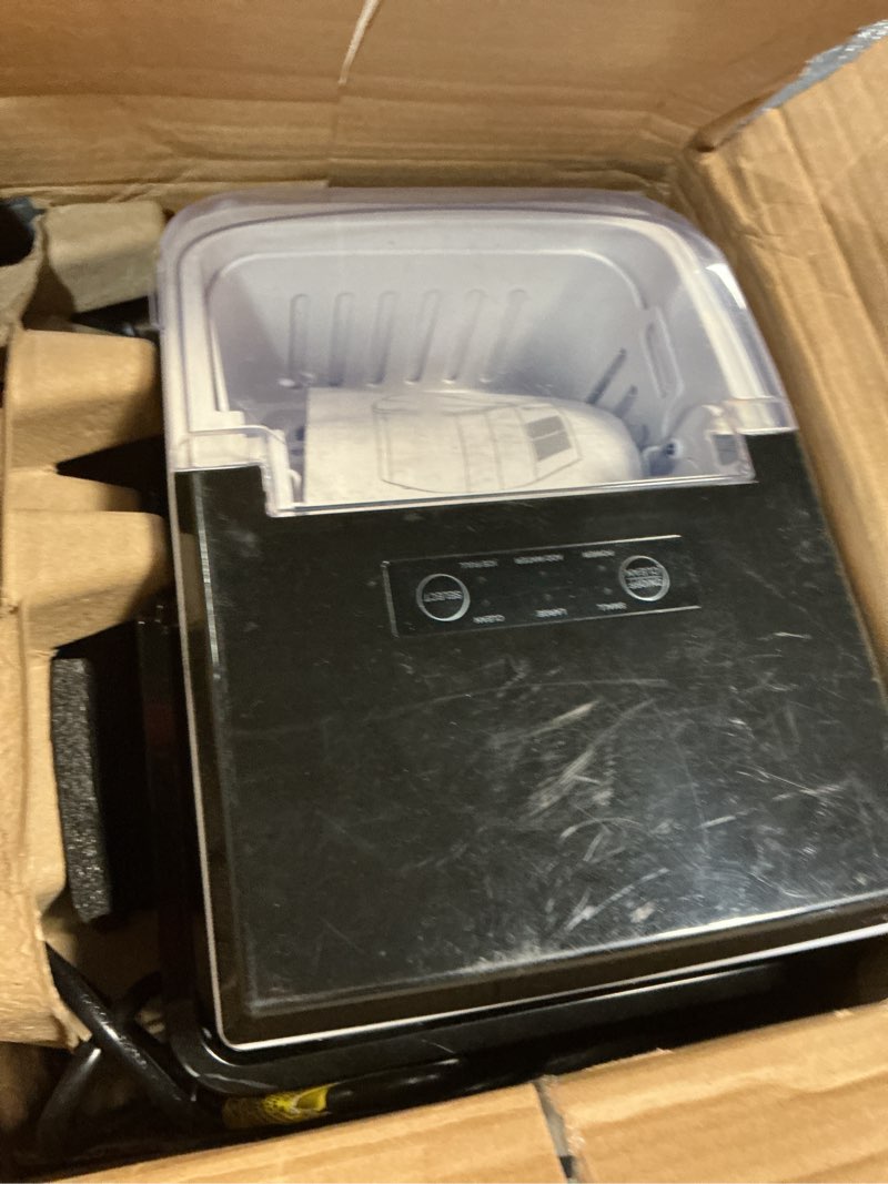 Condition photo showing As Is for DUMOS Countertop Ice Maker with Handle, 26lbs/24H Portable Ice Machine, 9 Bullet Ice Cubes Ready in 6 Mins, Self-Cleaning, Quiet Compact Ice Maker for Home, Kitchen, RV, Camping, Black