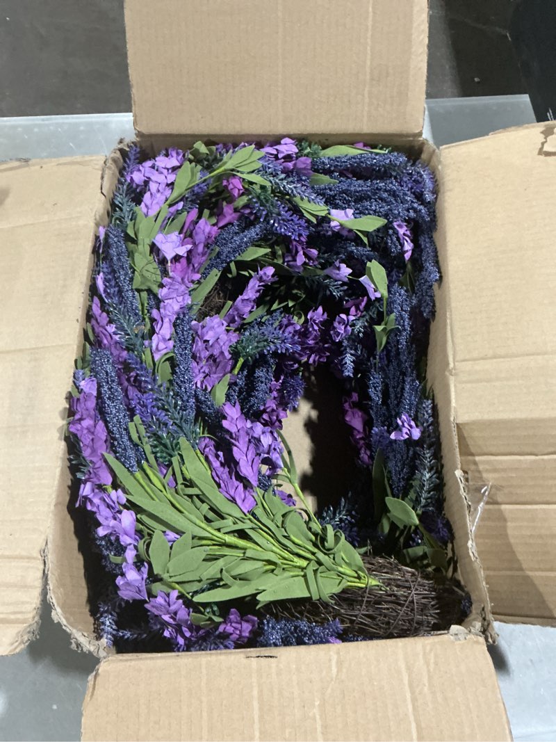 Condition photo showing Good Condition for 24 inch purple lavender flower wreath for front door, spring summer forsythia lavender flowers wreath for indoor and outdoor decor, rustic and farmhouse purple for home