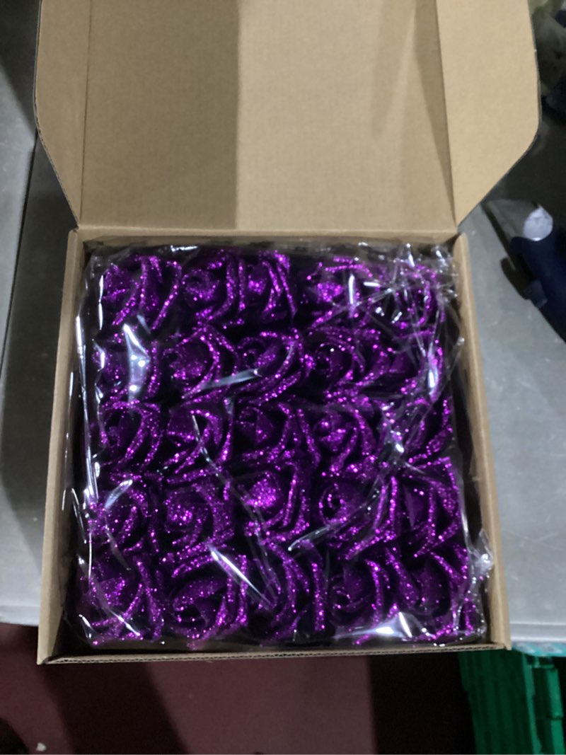 Condition photo showing New/Like New for IPOPU Artificial Glitter Roses,50PCS Purple Glitter Flowers Sparkle Fake Roses for Cake Wedding Bouquet Home Party Decoration(Purple)