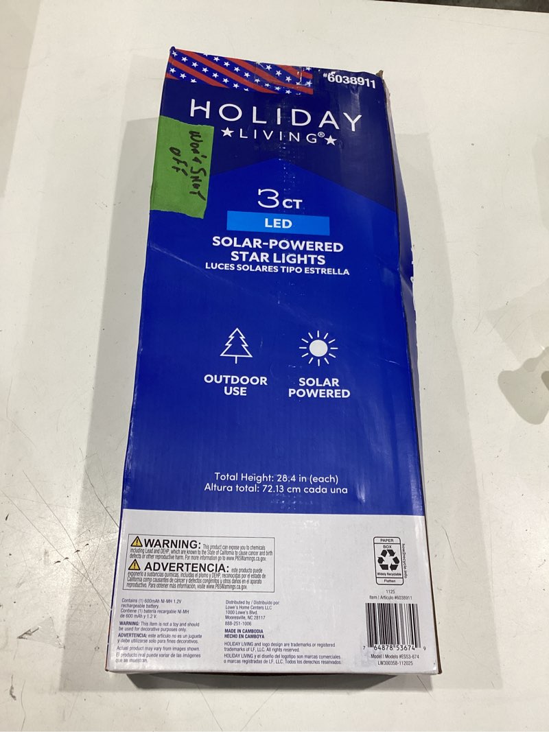 Condition photo showing As Is for holiday living 3-piece outdoor patriotic solar powered star pathway lights