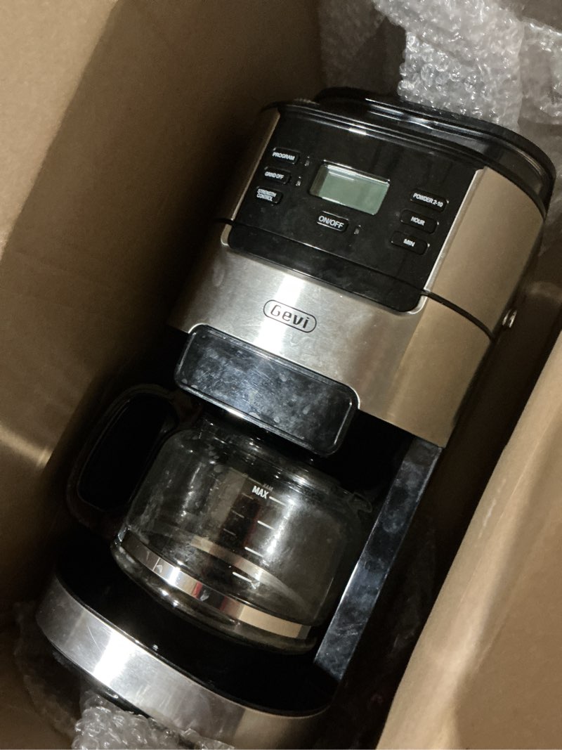 Condition photo showing As Is for gevi 10-cup drip coffee maker with built-in grinder, programmable brew coffee machine with timer, reusable filter, 1.5l water tank, coffee pot, warming plate burr grinder combo