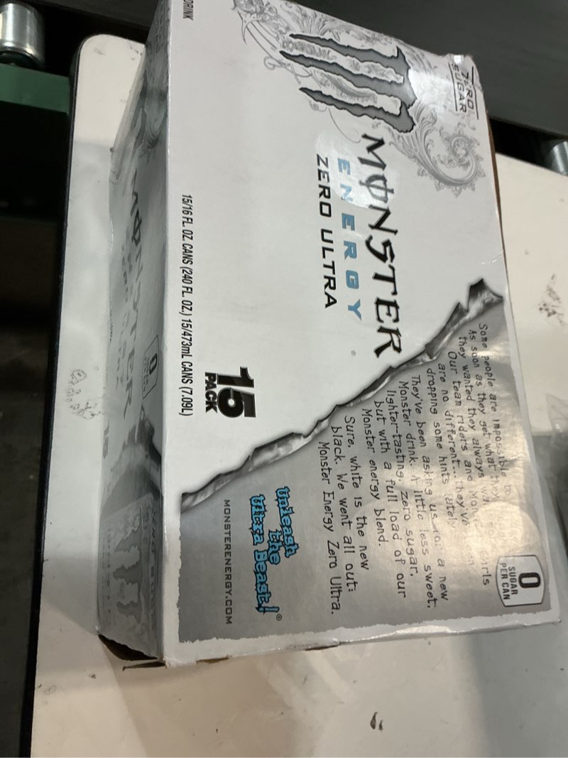 Condition photo showing New/Like New for (Unknown expiration). Monster Energy Zero Ultra, Sugar Free Energy Drink, 16 Ounce (Pack of 15) Zero Ultra 16 Fl oz (Pack of 15)