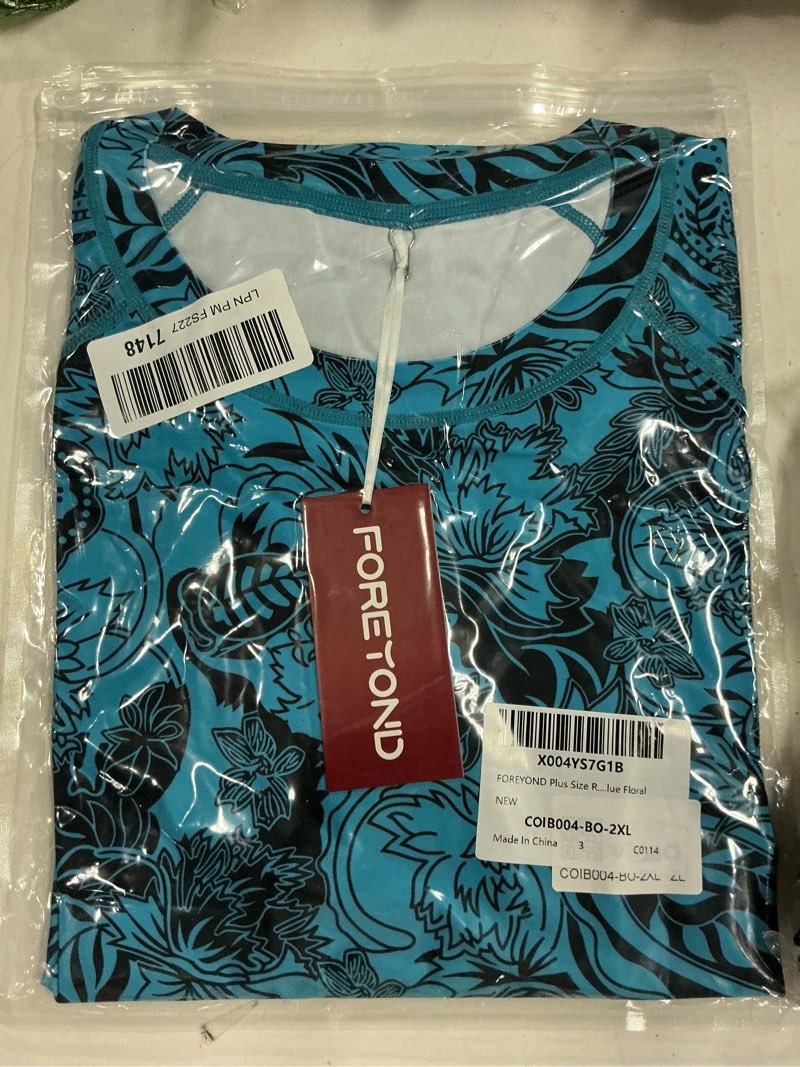 Condition photo showing New/Like New for foreyond plus size rash guard shirts for women long sleeves upf 50+ sun protection loose fit swimming tops swimwear green leaves xx-large plus